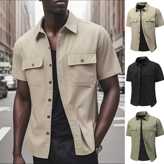 WAENQINLA Men's Dress Shirts Summer Short Sleeve Business Casual Shirt Button Down Lapel Collared Office Work Shirts with Chest Pockets Khaki Shirts,Size XS-3XL