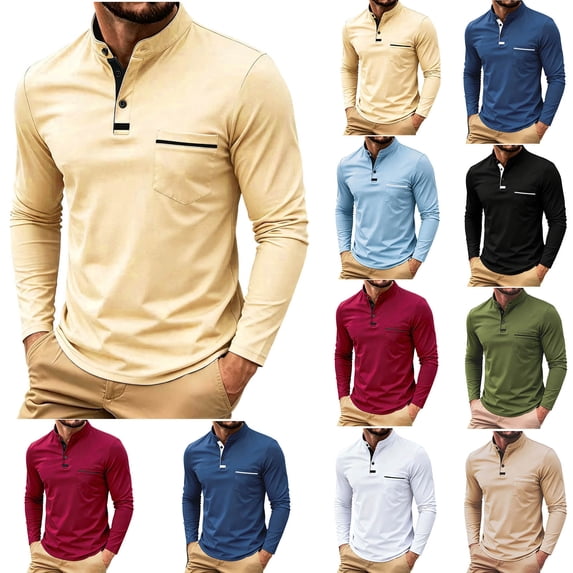 WAENQINLA Men's Dressy Casual Collared Shirts Long Sleeve 2026 Casual Button T-Shirts Color Block Slim Fit Golf Shirt with Pocket S-3XL