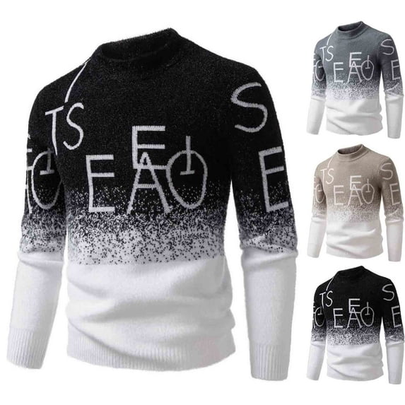 WAENQINLA Men's Fashion Jacquard Sweaters with Letter Graphic Vintage Oversized Pullovers Long Sleeve Mock Neck Warm Knitted Tops Black XXL