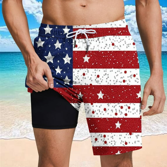 WAENQINLA Men's Fourth of July Swim Board Shorts Elastic Waist America USA Flag Beach Shorts Quick Dry Holiday Party Swim Trunks