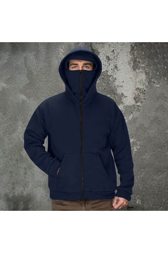 Men's Full-Zip Hooded Jacket with Face Cover Winter Warm Outdoor Sports Jacket Coats Solid Color Streetwear Fleece Hooded Sweatshirt