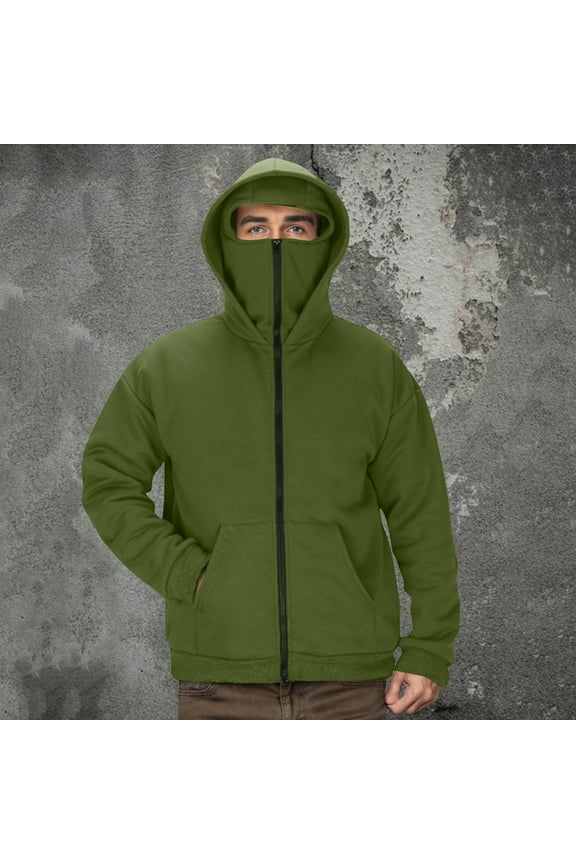 Men's Full-Zip Hooded Jacket with Face Cover Winter Warm Outdoor Sports Jacket Coats Solid Color Streetwear Fleece Hooded Sweatshirt