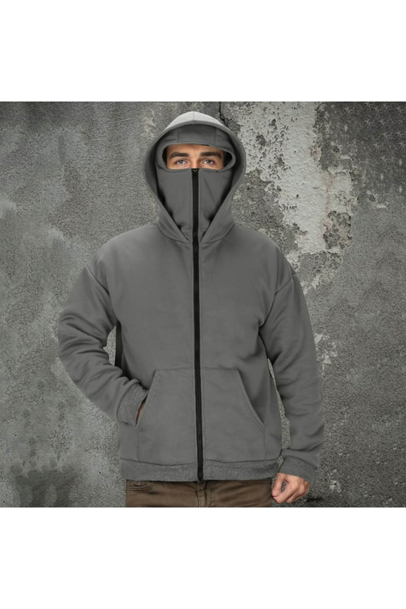 Men's Full-Zip Hooded Jacket with Face Cover Winter Warm Outdoor Sports Jacket Coats Solid Color Streetwear Fleece Hooded Sweatshirt