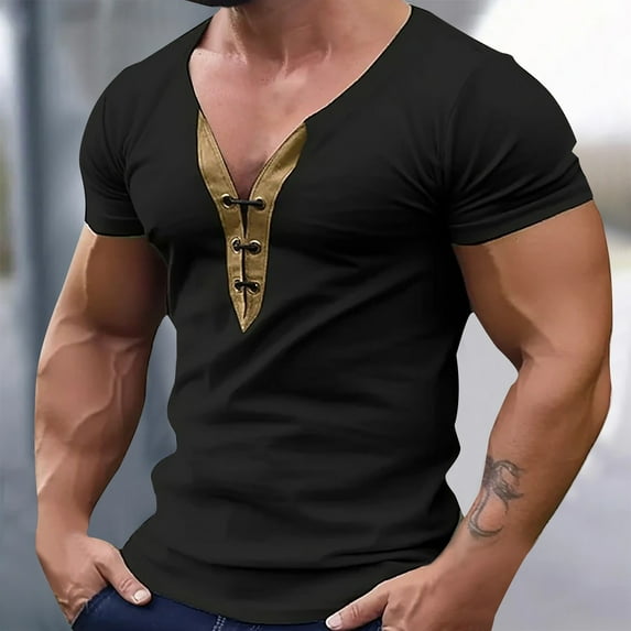 WAENQINLA Men's Henley Shirts Summer Muscle Fit Short Sleeve T-Shirts Casual Deep V Neck Solid Tees Slim Tops,S-3XL