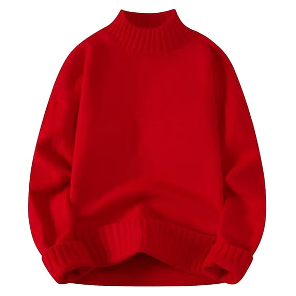 WAENQINLA Men's High Neck Sweaters Long Sleeve Drop Shoulder Knit Pullover Sweater Winter Chunky Warm Basic Tops Red L
