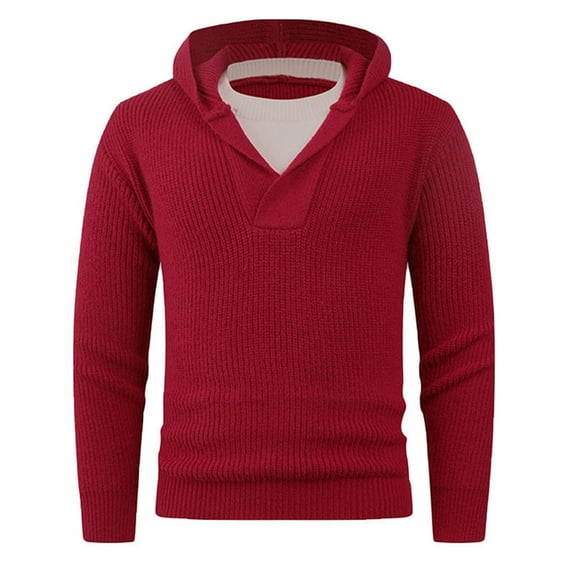 WAENQINLA Men's Hoodie Sweaters Long Sleeve V Neck Knit Pullover Sweatshirts Winter Warm Knitwear Tops Red L