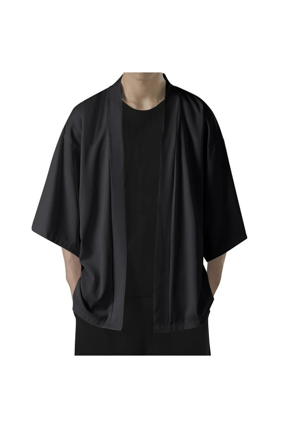 Men's Ice Silk Japanese Haori Jacket Summer Sun Protection 3/4 Sleeve Cardigan Lightweight Open Front Outwear Coat,M-5Xl