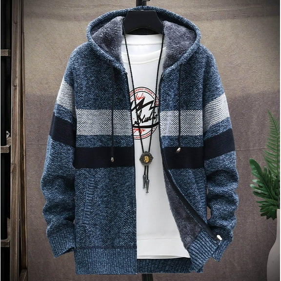 WAENQINLA Men's Knit Sweaters Fleece Lined Colorblock Zip Up Slim Hooded Jacket with Pocket Fashion Long Sleeve Hoodie Sweatshirt Sweater Coats