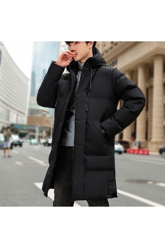 Men's Mid Length Puffer Jacket with Hood Winter Warm Hooded Outerwear Quilted Jacket Zip Up Cotton Padded Coats Waterproof Long Coat