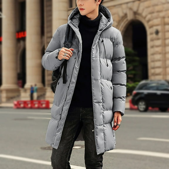 WAENQINLA Men's Mid Length Puffer Jacket with Hood Winter Warm Hooded Outerwear Quilted Jacket Zip Up Cotton Padded Coats Waterproof Long Coat
