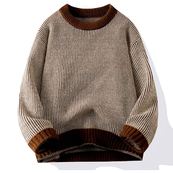 WAENQINLA Men's Oversized Sweaters Long Sleeve Crewneck Pullover Tops Color Block Cable Knit Sweaters Coffee L