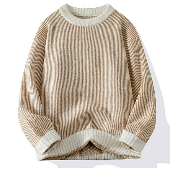 WAENQINLA Men's Oversized Sweaters Long Sleeve Crewneck Pullover Tops Color Block Cable Knit Sweaters White XXL