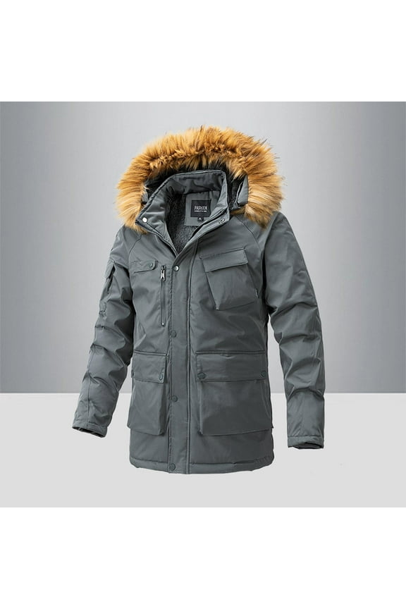 Men's Parka Jacket Big and Tall Waterproof Down Coat with Detachable Furry Hood Med-Length Multi Pocket Outerwear