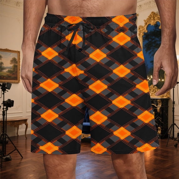 WAENQINLA Men's Plaid Print Sleep Shorts Drawstring Elastic Waist Pajama Shorts with Pockets Comfort Loungewear Pjs Shorts Orange Shorts,Size S-3XL