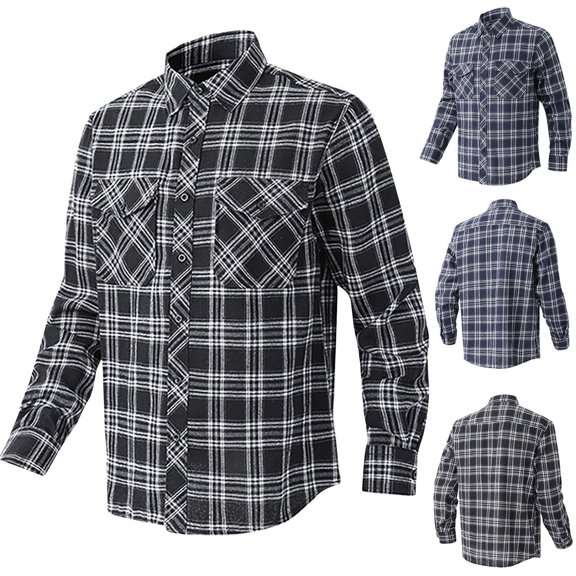 WAENQINLA Men's Plaid Shirts Button Up Regular Fit Tops Long Sleeve Golf Tees Work Jackets with Double Chest Pocket Navy L