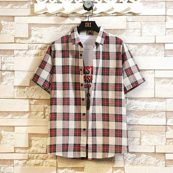 WAENQINLA Men's Short Sleeve Button Down Shirt Big and Tall Classic Plaid Shirts Casual Vintage Cuban Collar Summer Shirt,M-5XL