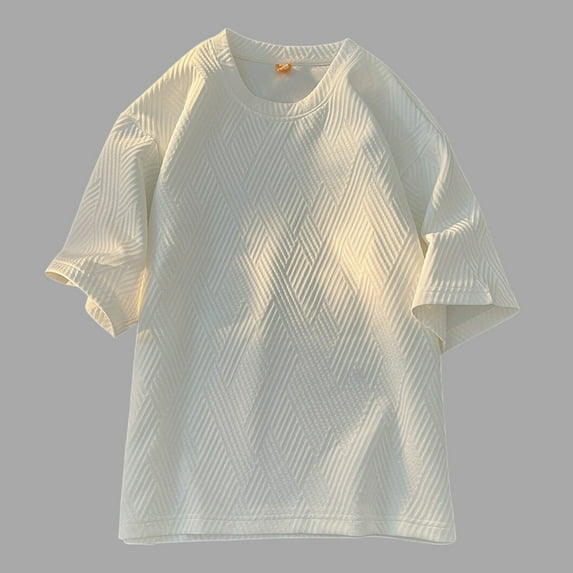 WAENQINLA Men's Short Sleeve T-Shirts Geometric Jacquard Casual Textured T Shirts for Men Fashion Crewneck Solid Color Tops