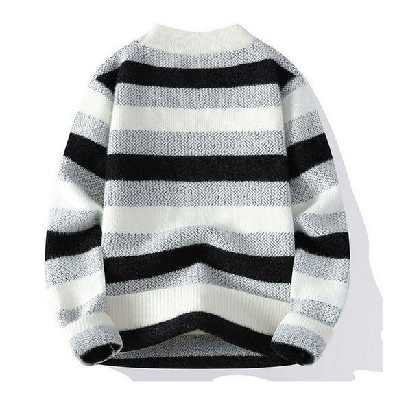 WAENQINLA Men's Striped Sweaters Winter Warm Crewneck Long Sleeve Pullover Tops Fleece Pattern Knit Sweater Black XL