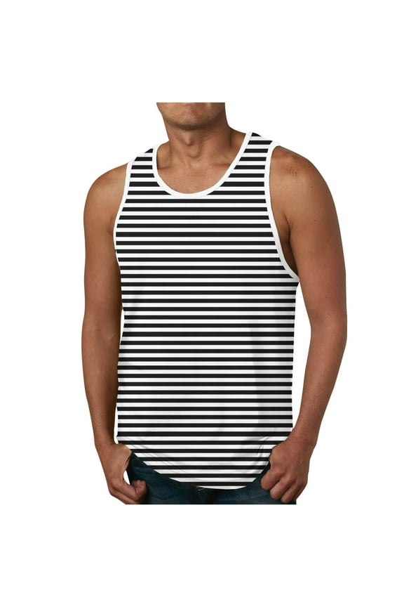 Men's Striped Tank Top Summer Sleeveless Workout Gym Undershirt Big and Tall Crewneck Beach Vacation Tshirt