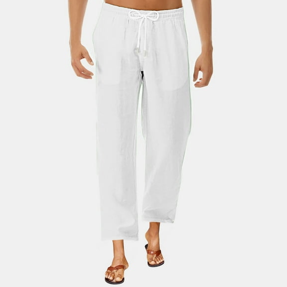 WAENQINLA Men's Summer Pants Casual Loose Fit Straight Wide Leg Baggy Pants Solid Color Lightweight Beach Trousers with Pockets White XXL
