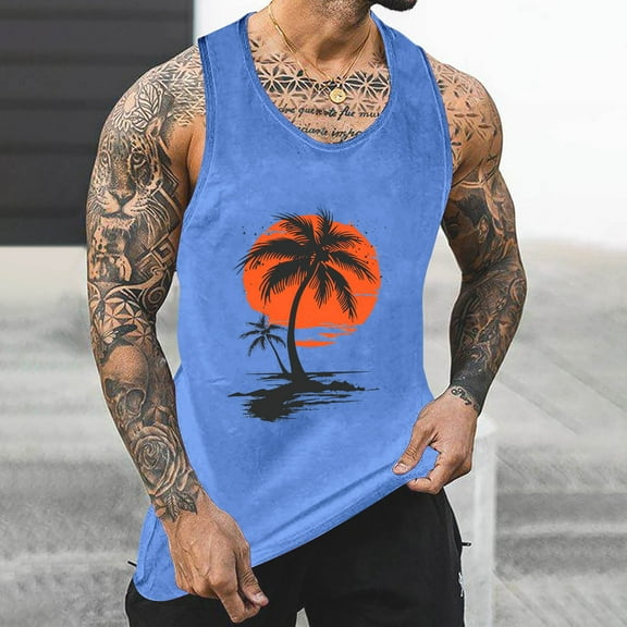 WAENQINLA Men's Summer Tank Tops Tropical Palm Tree Printed Graphic Tee Beach Shirts Casual Sleeveless Fitted Muscle Tank Top