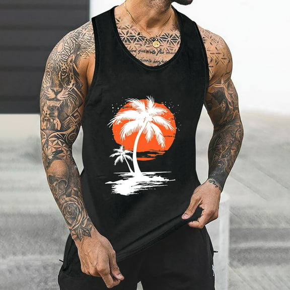 WAENQINLA Men's Summer Tank Tops Tropical Palm Tree Printed Graphic Tee Beach Shirts Casual Sleeveless Fitted Muscle Tank Top