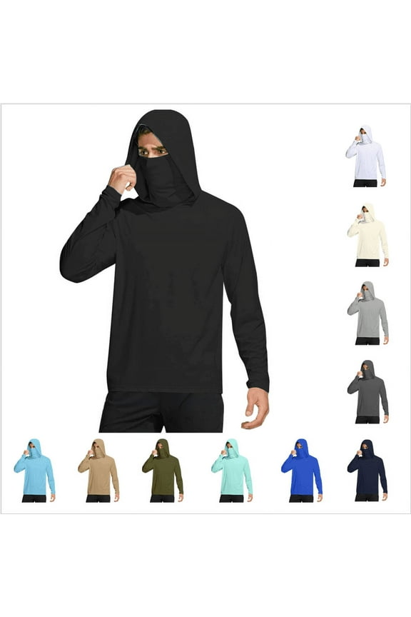 Men's Sun Protection Shirts with Hood UV SPF UPF 50+ Long Sleeve Fishing Shirt Running T-Shirts with Mask Rash Guard Lightweight