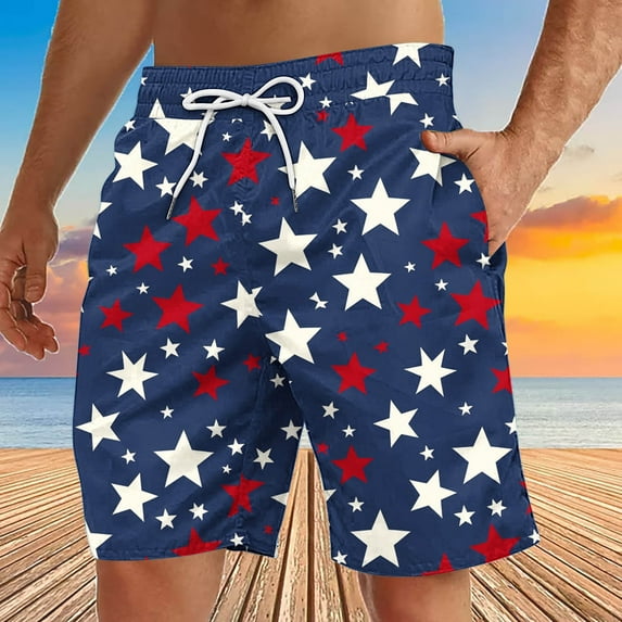 WAENQINLA Men's Swim Trunks with Pockets Big and Tall Drawstring Elastic Waist Beach Shorts American Flag Quick Dry Board Shorts Men Shorts Clearance under $5