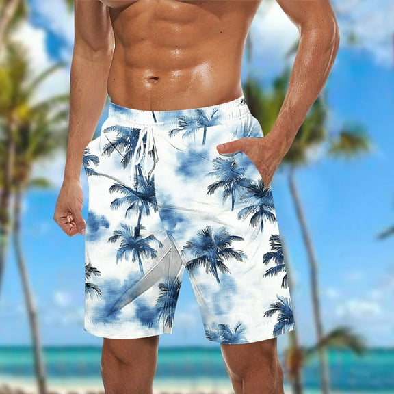 WAENQINLA Men's Swim Trunks Summer Beach Shorts with Pocket Holiday Hawaiian Palm Tree Print Bathing Suit Drawstring Board Shorts