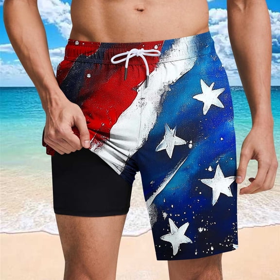 WAENQINLA Men's USA Flag Pattern Swim Trunk 4 Way Stretch Fabric W/Liner Board Shorts for Men Beach Shorts with Pockets