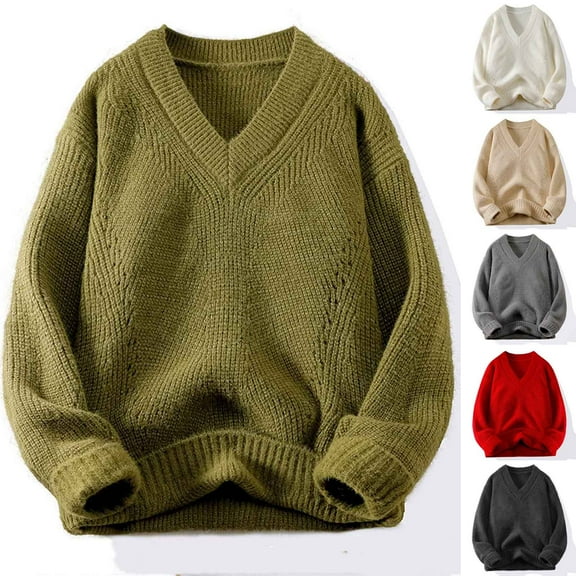 WAENQINLA Men's V Neck Knit Sweaters Long Sleeve Cable Knitted Pullover Tops Winter Casual Warm Chunky Knitwear Outerwear Red XXL