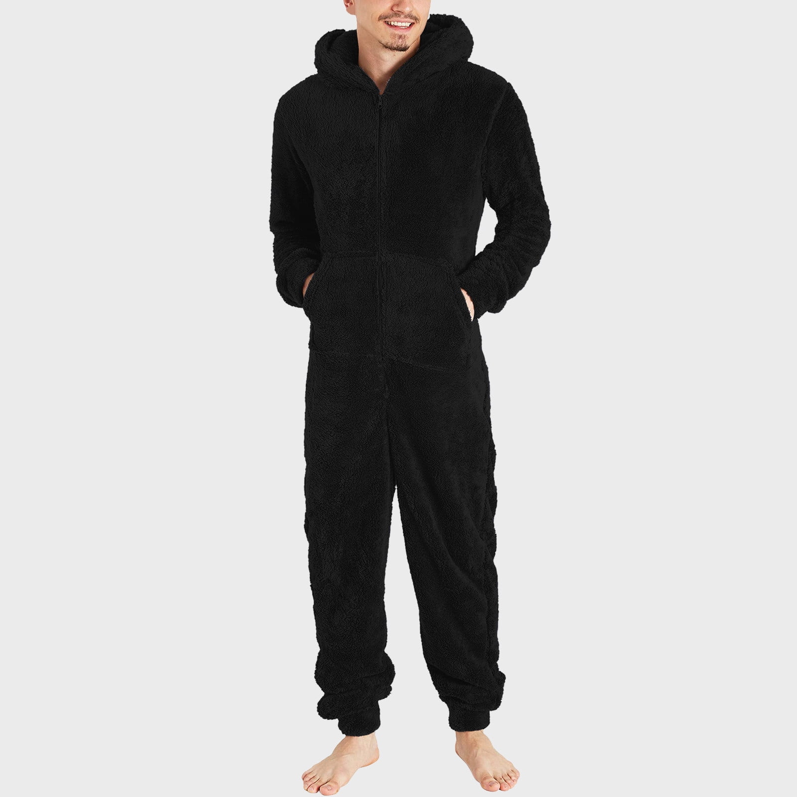 WAENQINLA Men's Warm Fleece Hooded Onesie Jumpsuits Casual Winter One Piece Full Zipper Pajamas Romper Long Sleeve Thermal Loungewear Sleepwear with Pockets