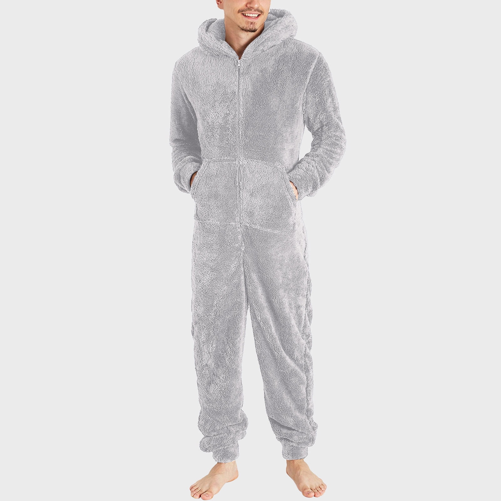 WAENQINLA Men's Warm Fleece Hooded Onesie Jumpsuits Casual Winter One Piece Full Zipper Pajamas Romper Long Sleeve Thermal Loungewear Sleepwear with Pockets