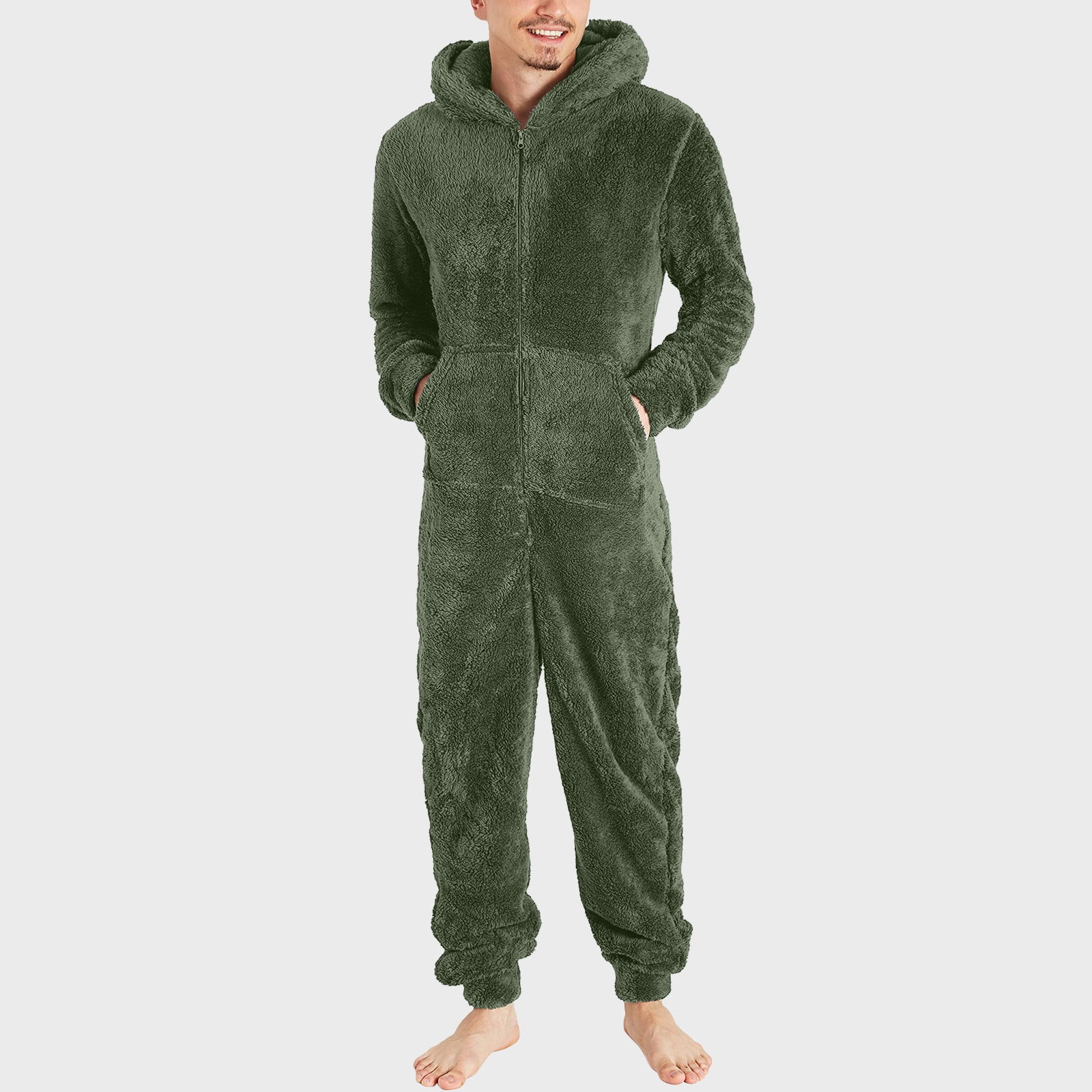 WAENQINLA Men's Warm Fleece Hooded Onesie Jumpsuits Casual Winter One Piece Full Zipper Pajamas Romper Long Sleeve Thermal Loungewear Sleepwear with Pockets