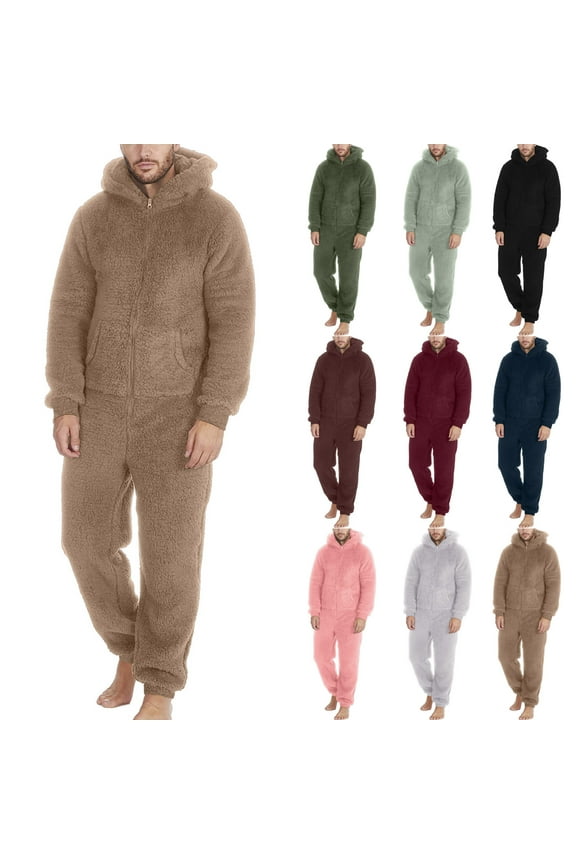 Men's Warm Fleece Hooded Onesie Jumpsuits Winter Casual One Piece Zip Up Pajamas Romper Long Sleeve Soft Comfort Loungewear Sleepwear with Pockets