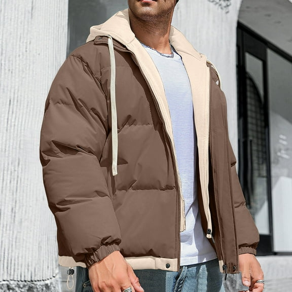 WAENQINLA Men's Winter Puffer Jacket Coat Lightweight Fake Hooded Layer Quilted Jackets Solid Color Padded Snow Ski Jacket Casual Warm Windbreaker