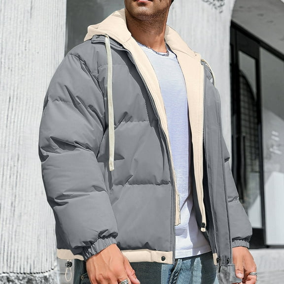 WAENQINLA Men's Winter Puffer Jacket Coat Lightweight Fake Hooded Layer Quilted Jackets Solid Color Padded Snow Ski Jacket Casual Warm Windbreaker