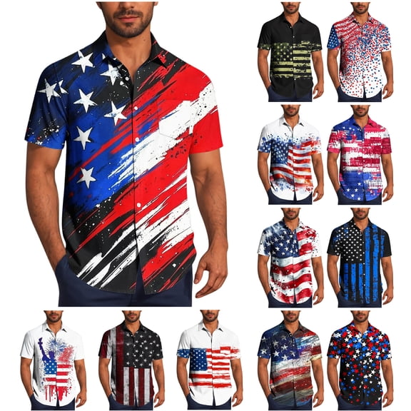WAENQINLA Mens 4th of July Shirts Casual Patriotic American Flag Print Tees Regular Fit Lapel Button Up Tops Plus Size Short Sleeve T Shirt S-5XL