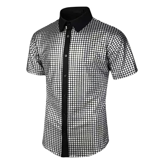 WAENQINLA Mens 70s Disco Shirt Silver Sequins Party Costume Stylish Regular Fit Short Sleeve Shirts Summer Button Down Shirt