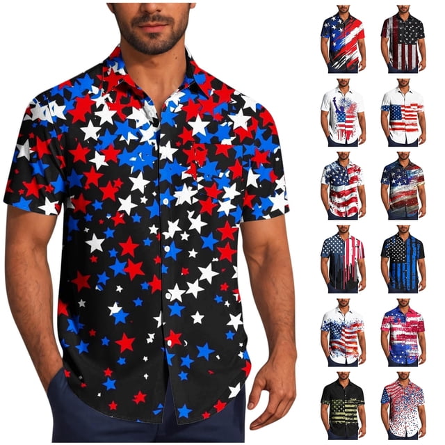 WAENQINLA Mens American USA Flag Patriotic Shirts 4th of July Casual Button down Shirt Holiday Hawaiian Shirts for Men