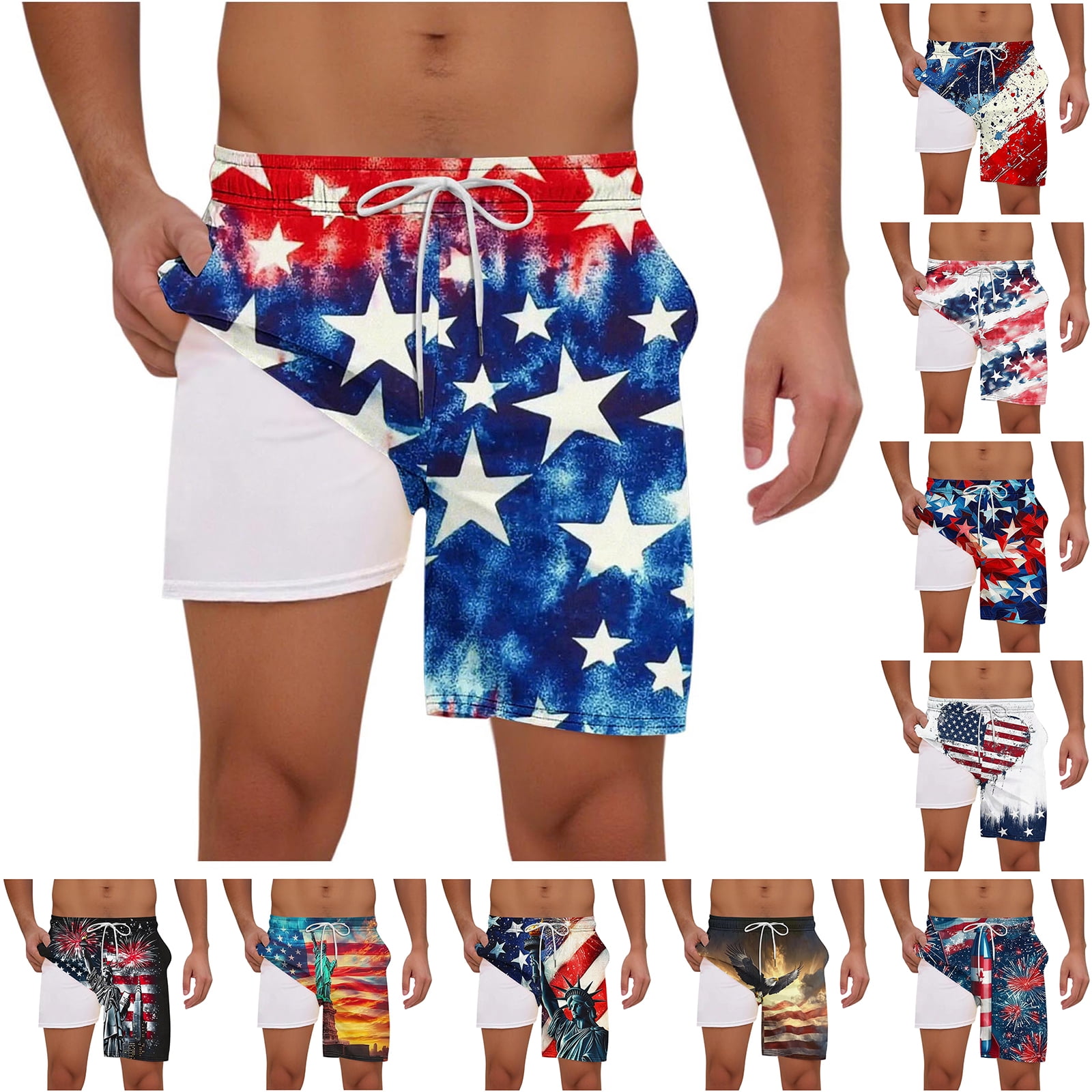WAENQINLA Mens American USA Flag Swim Trunks with Liner Quick Dry Elastic Waist Drawstring Bathing Suits Summer Low Waist Swim Shorts