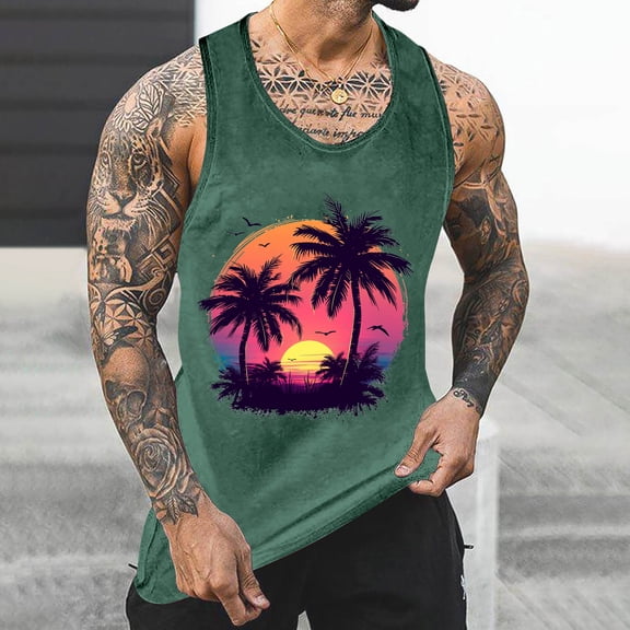WAENQINLA Mens Beach Tank Tops Summer Sleeveless Shirt Big and Tall Palm Tree Graphic Tank Top Athletic Beach Workout Undershirt