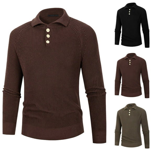WAENQINLA Mens Button V Neck Sweaters Cable Knit Lapel Collared Golf Shirt Sweaters Fall Winter Long Sleeve Business Casual Pullovers Coffee XXXL