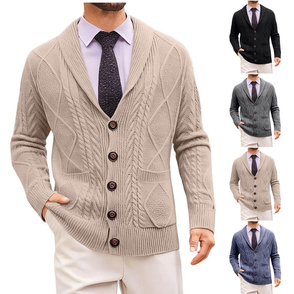 WAENQINLA Mens Casual Cardigan Sweaters Long Sleeve Shawl Collared Buttons Down Cable Knit Sweaters Winter Warm Outerwear Jackets Navy L