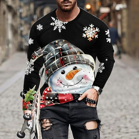 WAENQINLA Mens Christmas T Shirts Winter Funny Snowman Print Long Sleeve Pullovers Casual Loose Fit Crewneck Tshirts