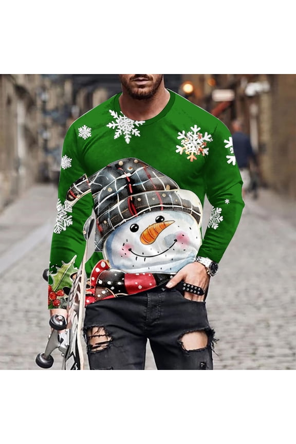 Mens Christmas T Shirts Winter Funny Snowman Print Long Sleeve Pullovers Casual Loose Fit Crewneck Tshirts