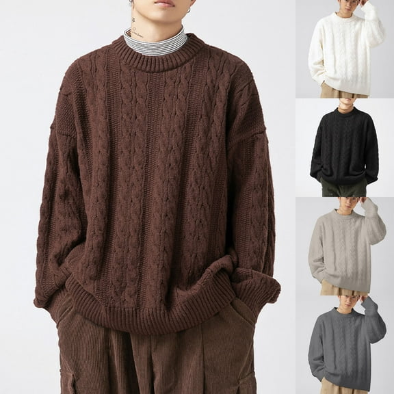 WAENQINLA Mens Chunky Cable Knit Sweaters Long Sleeve Oversized Pullover Tops Winter Casual Crewneck Knitted Pullovers Black L