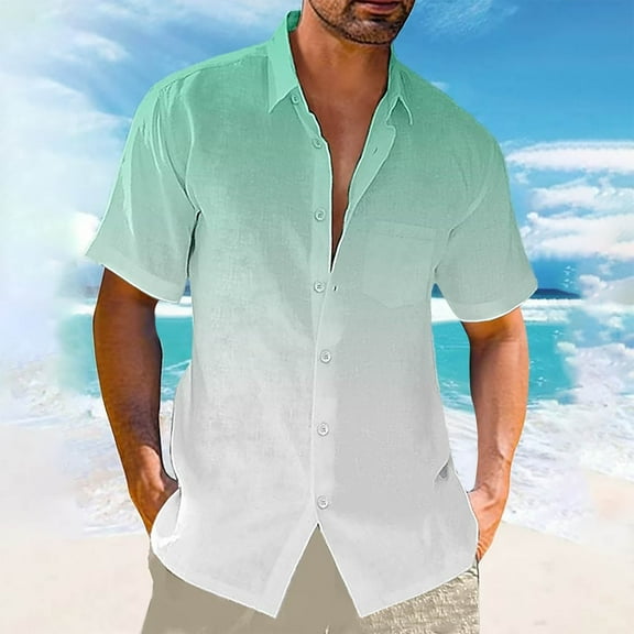 WAENQINLA Mens Gradient Linen Shirts Stylish Casual Button Down Shirt Short Sleeve Beach Summer Shirts with Front Pocket