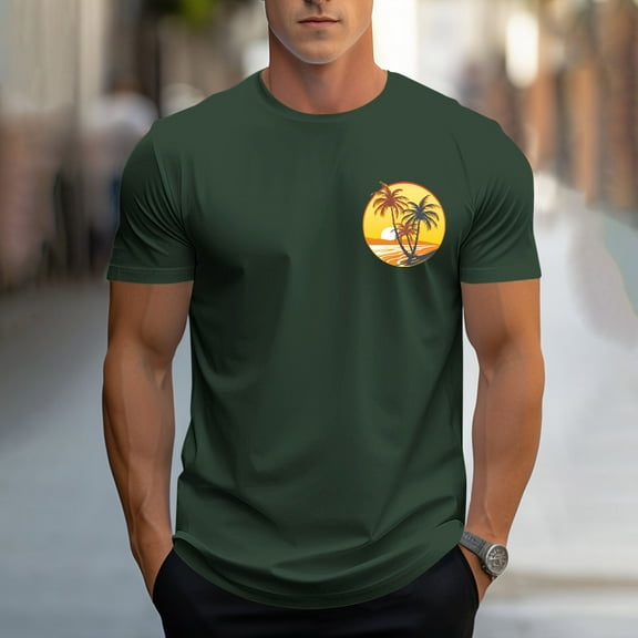 WAENQINLA Mens Graphic Tee Short Sleeve Palm Tree Sunset Print T-Shirts Crewneck Casual Summer Vacation Shirt Trendy Tops