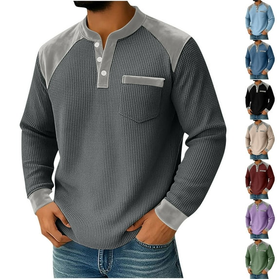 WAENQINLA Mens Henley Shirts Long Sleeve Casual Button V Neck T-Shirts Color Block Waffle Pullover Tops Light Blue XXL
